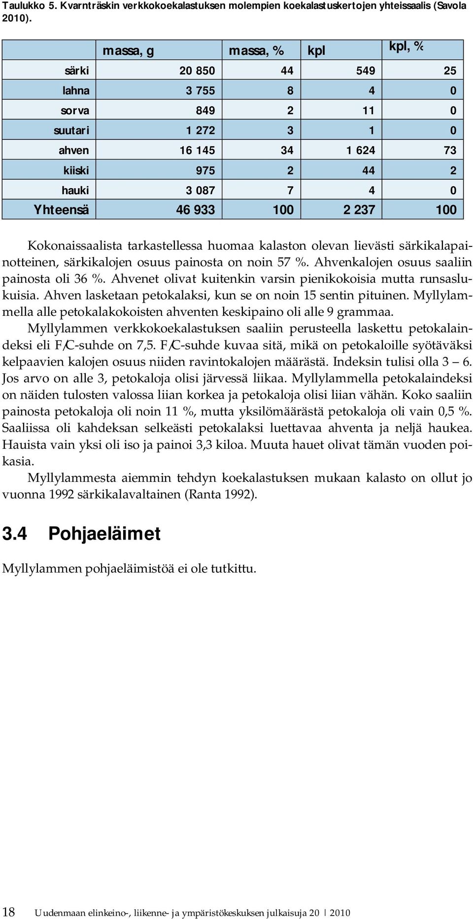 Kokonaissaalista tarkastellessa huomaa kalaston olevan lievästi särkikalapainotteinen, särkikalojen osuus painosta on noin 57 %. Ahvenkalojen osuus saaliin painosta oli 36 %.