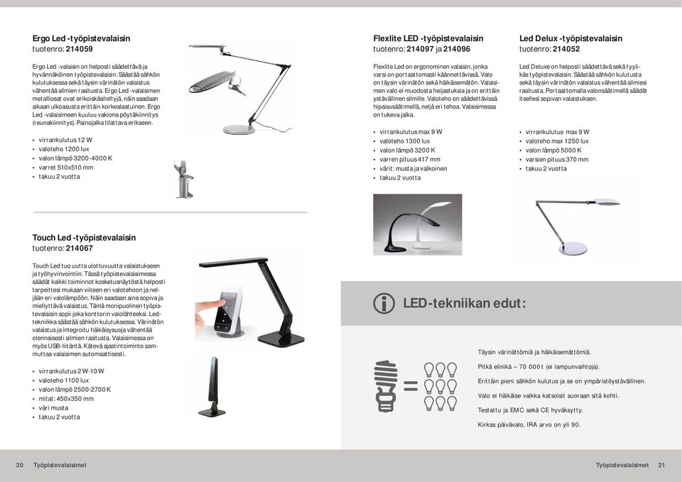 Ergo Led -valaisimen metalliosat ovat erikoiskäsiteltyjä, näin saadaan aikaan ulkoasusta erittäin korkealaatuinen. Ergo Led -valaisimeen kuuluu vakiona pöytäkiinnitys (reunakiinnitys).