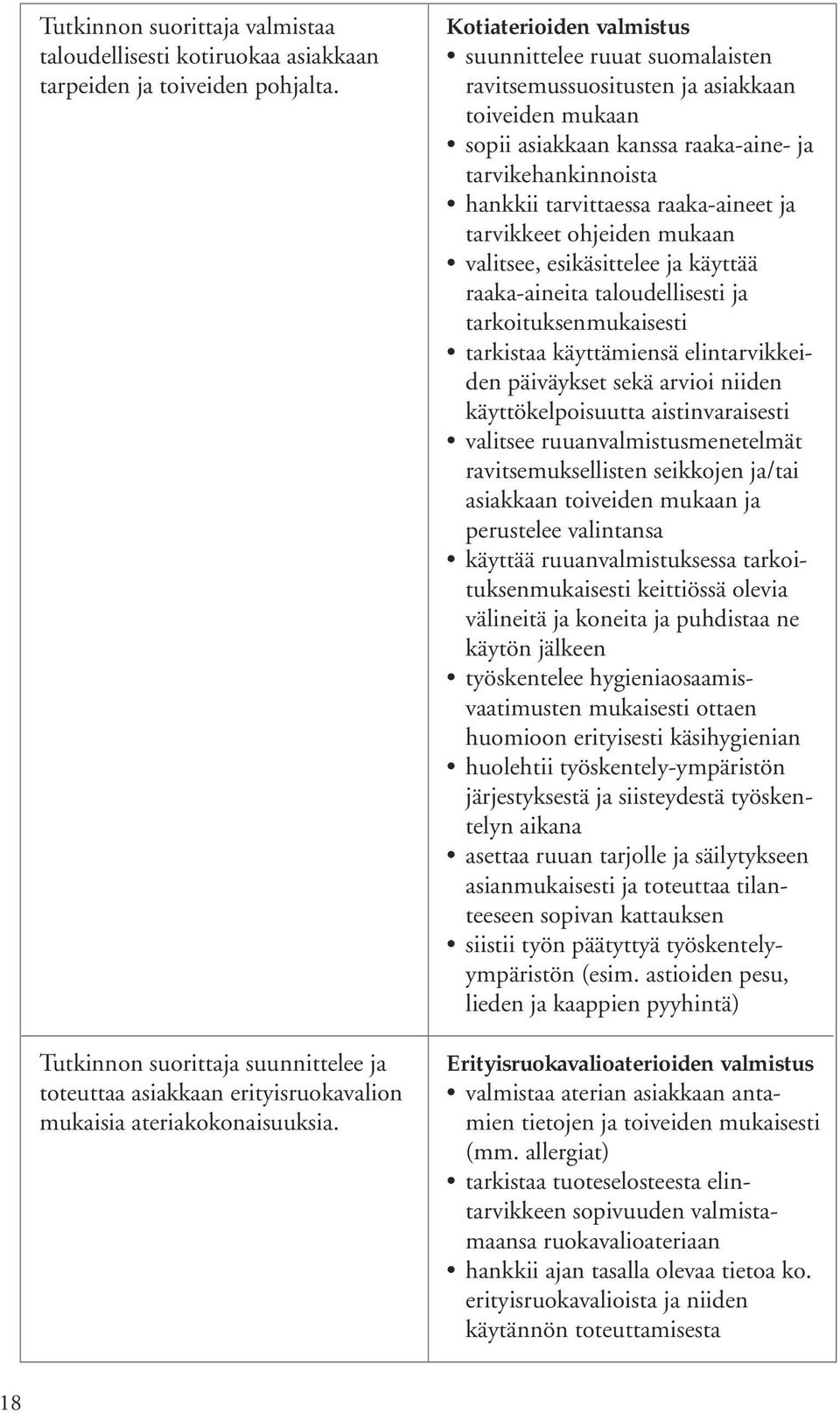 Kotiaterioiden valmistus suunnittelee ruuat suomalaisten ravitsemussuositusten ja asiakkaan toiveiden mukaan sopii asiakkaan kanssa raaka-aine- ja tarvikehankinnoista hankkii tarvittaessa