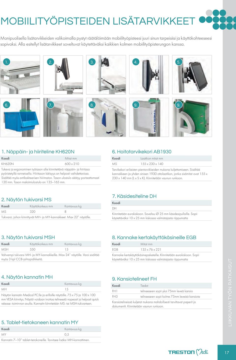 2. 3. 4. 5. 6. 7. 8. 9. 9. 1. Näppäin- ja hiiriteline KH620N Mitat mm KH620N 600 x 210 Tukeva ja ergonominen työtason alle kiinnitettävä näppäin- ja hiiritaso pyöristetyllä rannetuella.