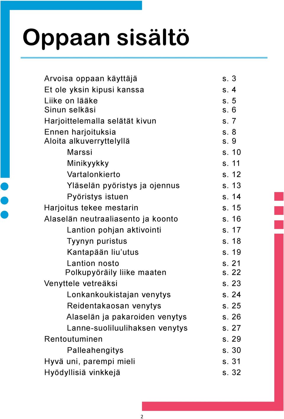 15 Alaselän neutraaliasento ja koonto s. 16 Lantion pohjan aktivointi s. 17 Tyynyn puristus s. 18 Kantapään liu utus s. 19 Lantion nosto s. 21 Polkupyöräily liike maaten s.