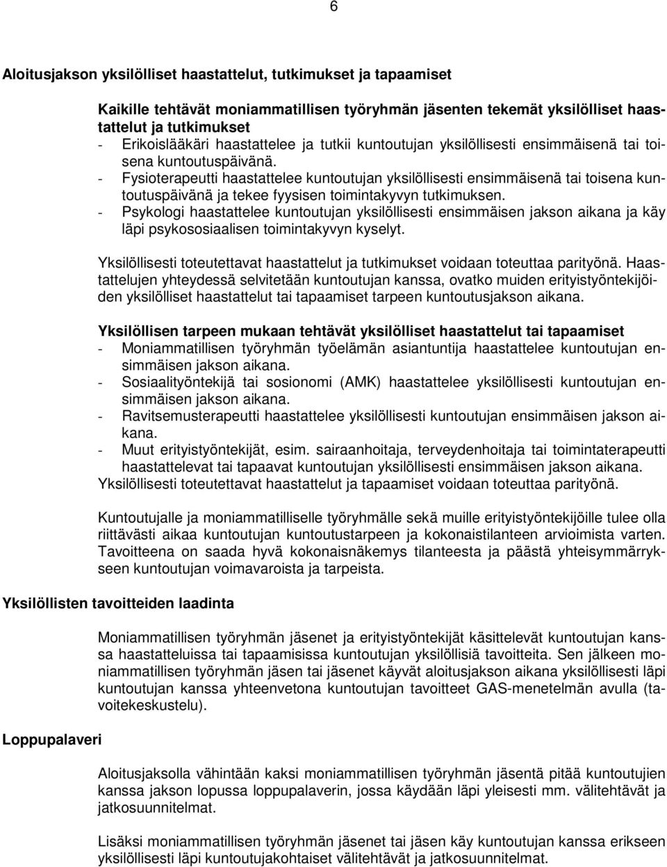 - Fysioterapeutti haastattelee kuntoutujan yksilöllisesti ensimmäisenä tai toisena kuntoutuspäivänä ja tekee fyysisen toimintakyvyn tutkimuksen.