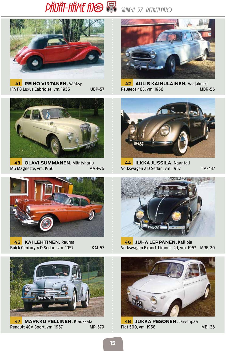 1957 TM-437 45 Kai Lehtinen, Rauma Buick Century 4 D Sedan, vm. 1957 KAI-57 46 Juha Leppänen, Kalliola Volkswagen Export-Limous.