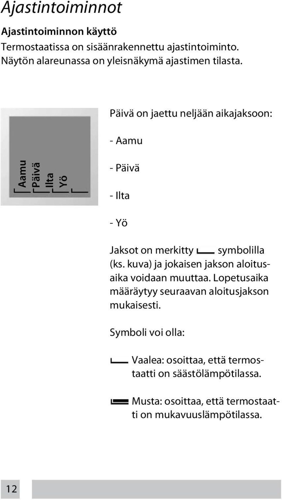 Päivä on jaettu neljään aikajaksoon: - Aamu Aamu Päivä Ilta Yö - Päivä - Ilta - Yö Jaksot on merkitty symbolilla (ks.