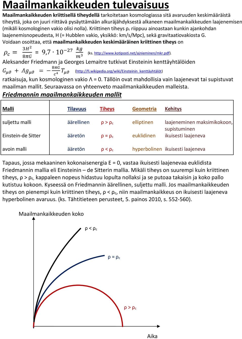 Kriittinen tiheys ρc riippuu ainoastaan kunkin ajankohdan laajenemisnopeudesta, H (= Hubblen vakio, yksikkö: km/s/mpc), sekä gravitaatiovakiosta G.