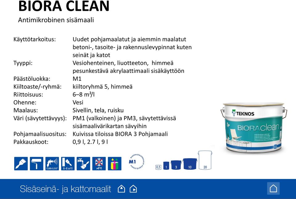 Kiiltoaste/-ryhmä: kiiltoryhmä 5, himmeä Riittoisuus: 6 8 m²/l Ohenne: Vesi Maalaus: Sivellin, tela, ruisku Väri (sävytettävyys): PM1