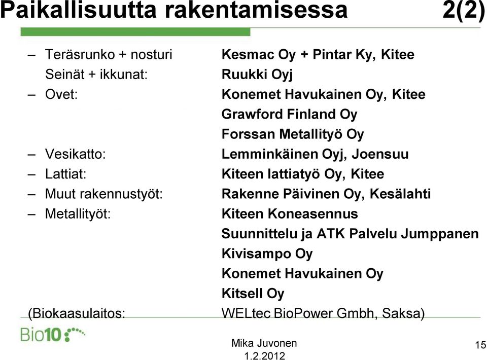 Kiteen lattiatyö Oy, Kitee Muut rakennustyöt: Rakenne Päivinen Oy, Kesälahti Metallityöt: Kiteen Koneasennus