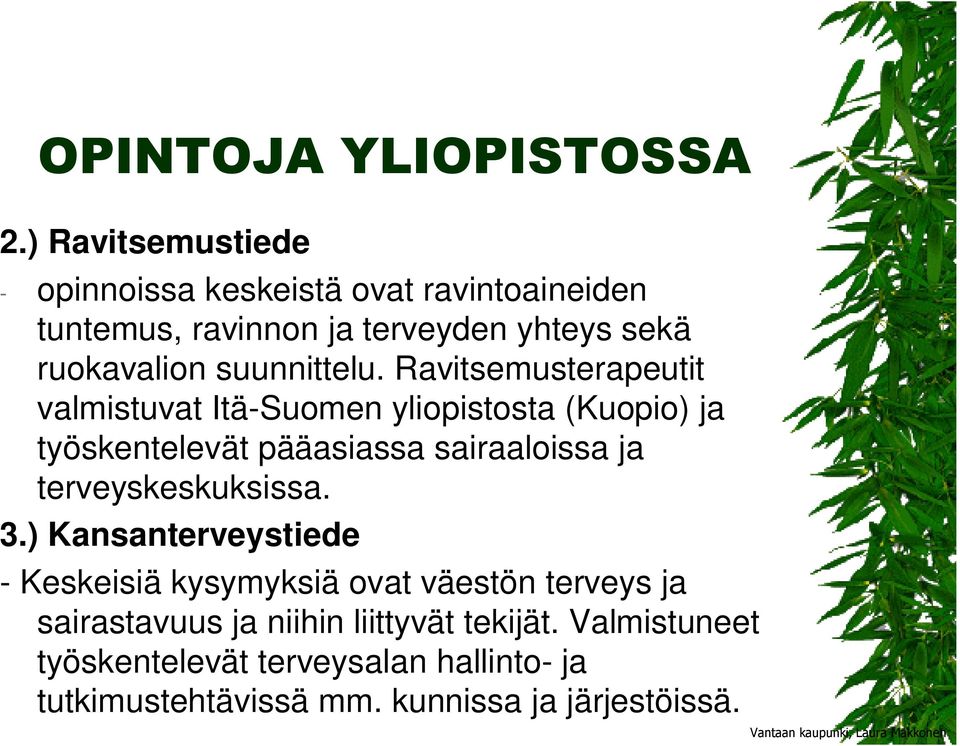 Ravitsemusterapeutit valmistuvat Itä-Suomen yliopistosta (Kuopio) ja työskentelevät pääasiassa sairaaloissa ja