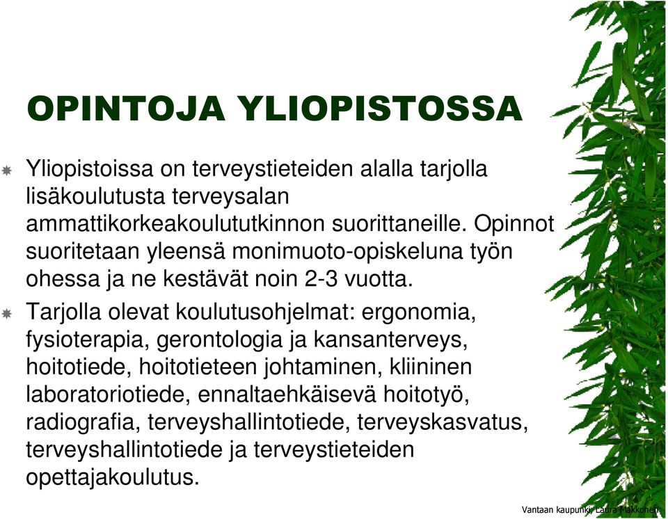 Tarjolla olevat koulutusohjelmat: ergonomia, fysioterapia, gerontologia ja kansanterveys, hoitotiede, hoitotieteen johtaminen,