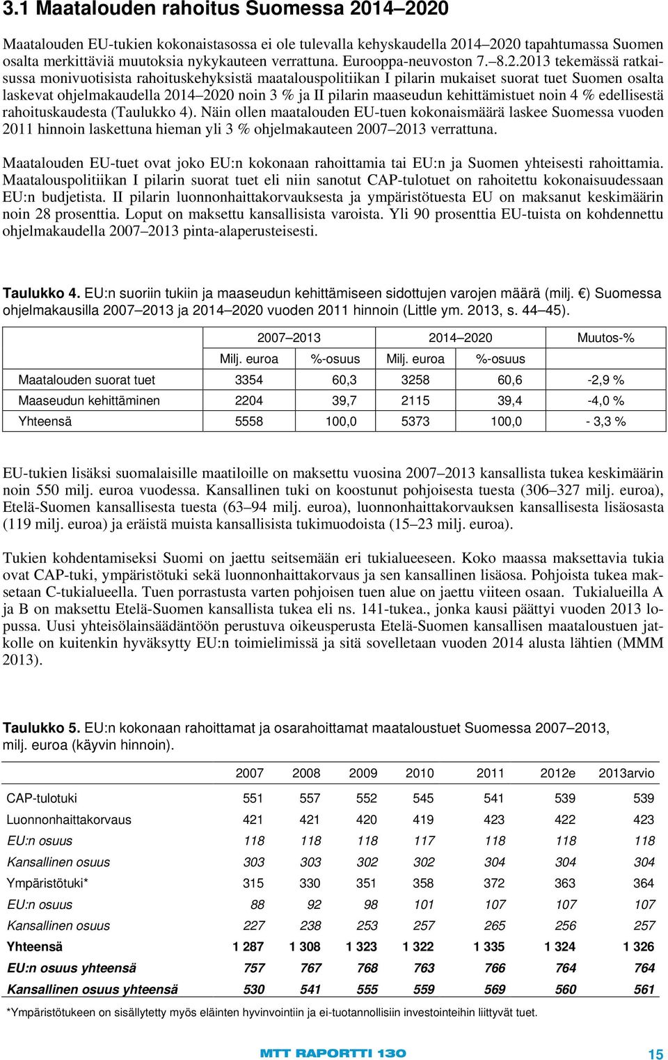 2013 tekemässä ratkaisussa monivuotisista rahoituskehyksistä maatalouspolitiikan I pilarin mukaiset suorat tuet Suomen osalta laskevat ohjelmakaudella 2014 2020 noin 3 % ja II pilarin maaseudun