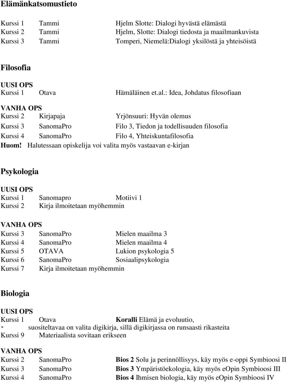 : Idea, Johdatus filosofiaan Kurssi 2 Kirjapaja Yrjönsuuri: Hyvän olemus Kurssi 3 SanomaPro Filo 3, Tiedon ja todellisuuden filosofia Kurssi 4 SanomaPro Filo 4, Yhteiskuntafilosofia Huom!