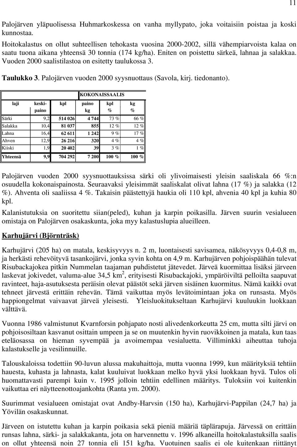 Vuoden 2000 saalistilastoa on esitetty taulukossa 3. Taulukko 3. Palojärven vuoden 2000 syysnuottaus (Savola, kirj. tiedonanto).