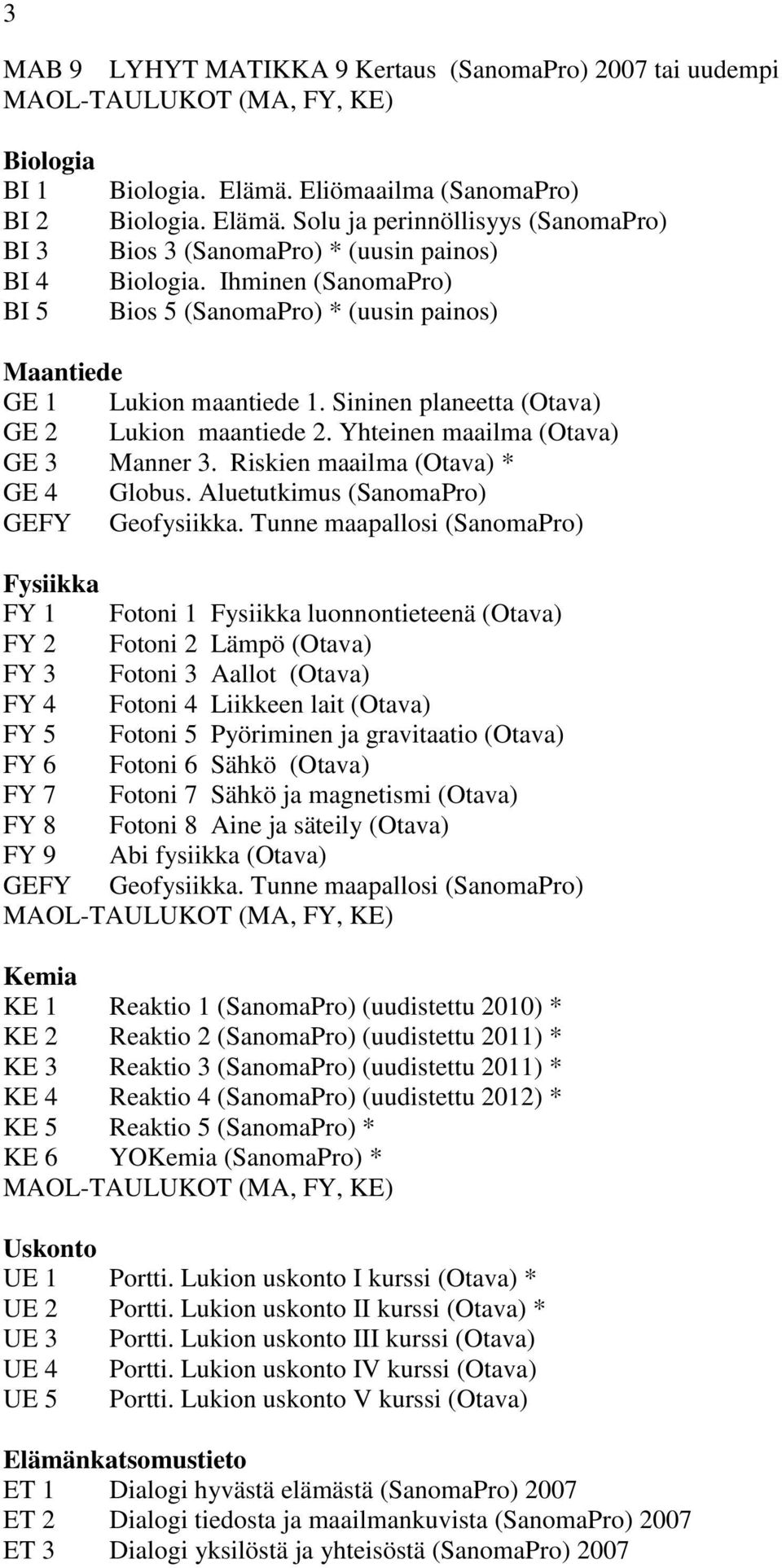 Riskien maailma (Otava) * GE 4 Globus. Aluetutkimus (SanomaPro) GEFY Geofysiikka.