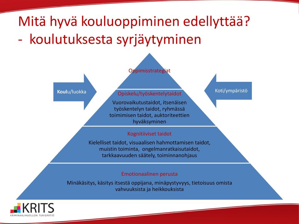 taidot, ryhmässä toimimisen taidot, auktoriteettien hyväksyminen Kognitiiviset taidot Kielelliset taidot, visuaalisen hahmottamisen