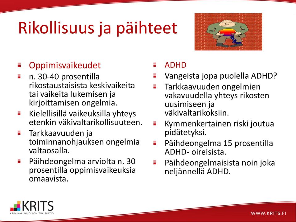 30 prosentilla oppimisvaikeuksia omaavista. ADHD Vangeista jopa puolella ADHD?
