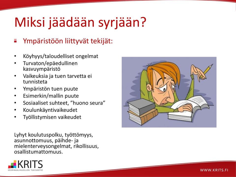 Vaikeuksia ja tuen tarvetta ei tunnisteta Ympäristön tuen puute Esimerkin/mallin puute Sosiaaliset
