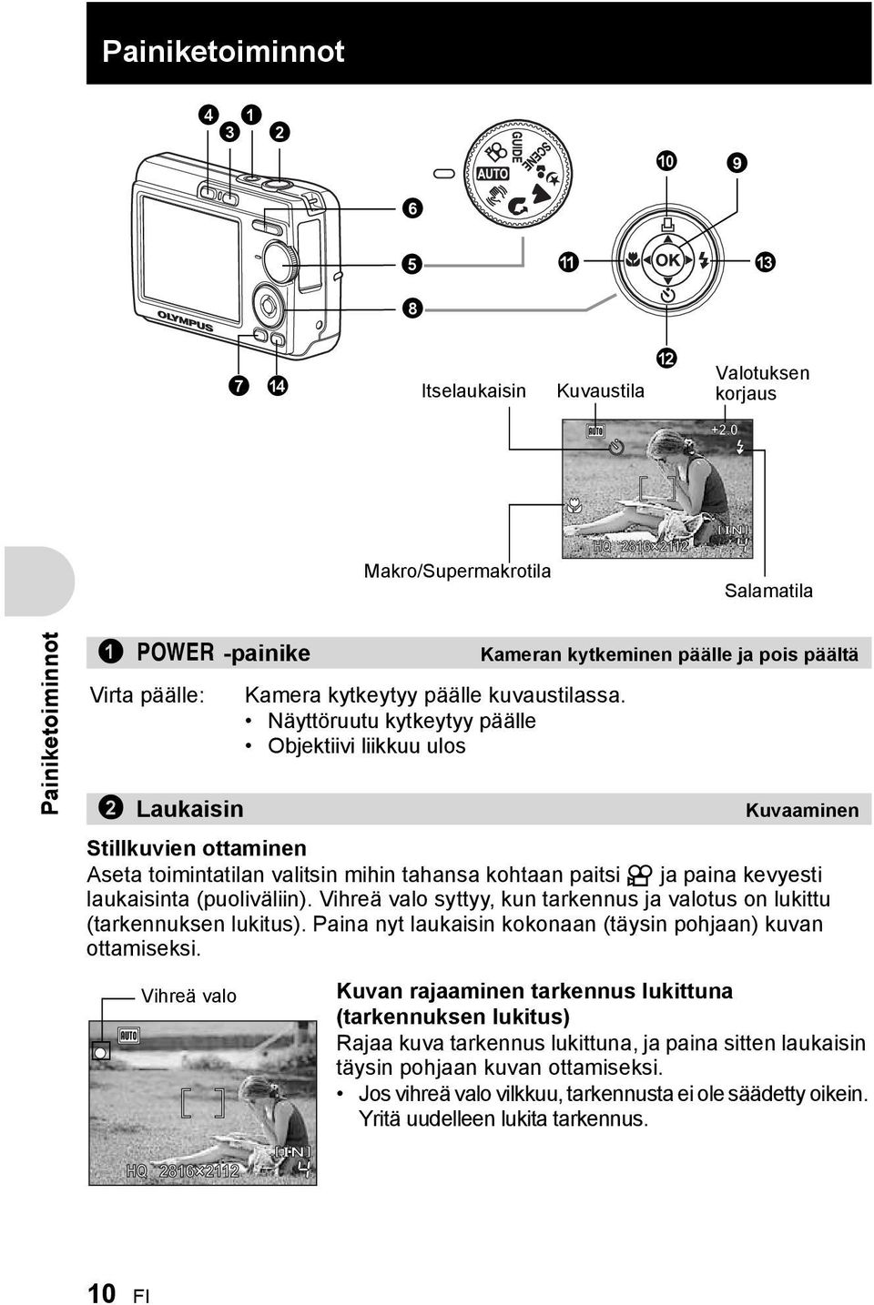 Näyttöruutu kytkeytyy päälle Objektiivi liikkuu ulos 2 Laukaisin Kuvaaminen Stillkuvien ottaminen Aseta toimintatilan valitsin mihin tahansa kohtaan paitsi n ja paina kevyesti laukaisinta