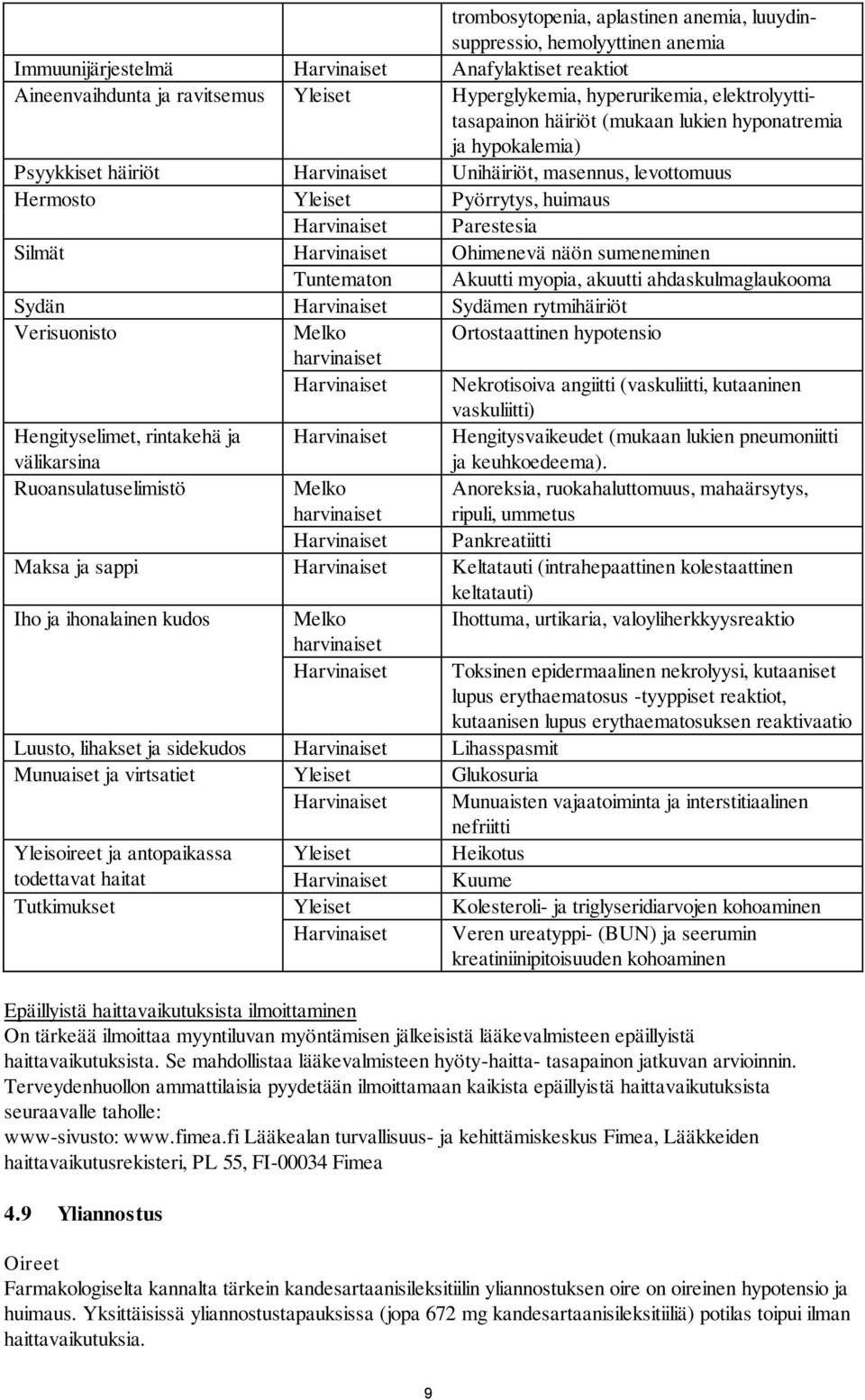 Silmät Harvinaiset Ohimenevä näön sumeneminen Tuntematon Akuutti myopia, akuutti ahdaskulmaglaukooma Sydän Harvinaiset Sydämen rytmihäiriöt Verisuonisto Melko Ortostaattinen hypotensio Harvinaiset
