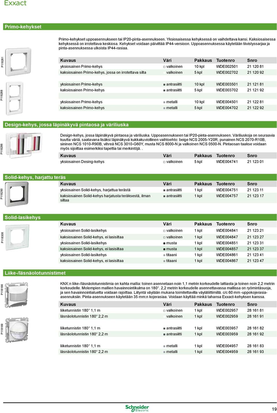 P118261 yksiosainen Primo-kehys valkoinen 10 kpl WDE002501 21 120 81 kaksiosainen Primo-kehys, jossa on irrotettava silta valkoinen 5 kpl WDE002702 21 120 92 P118169 P118166 P118308 P118290 P118286
