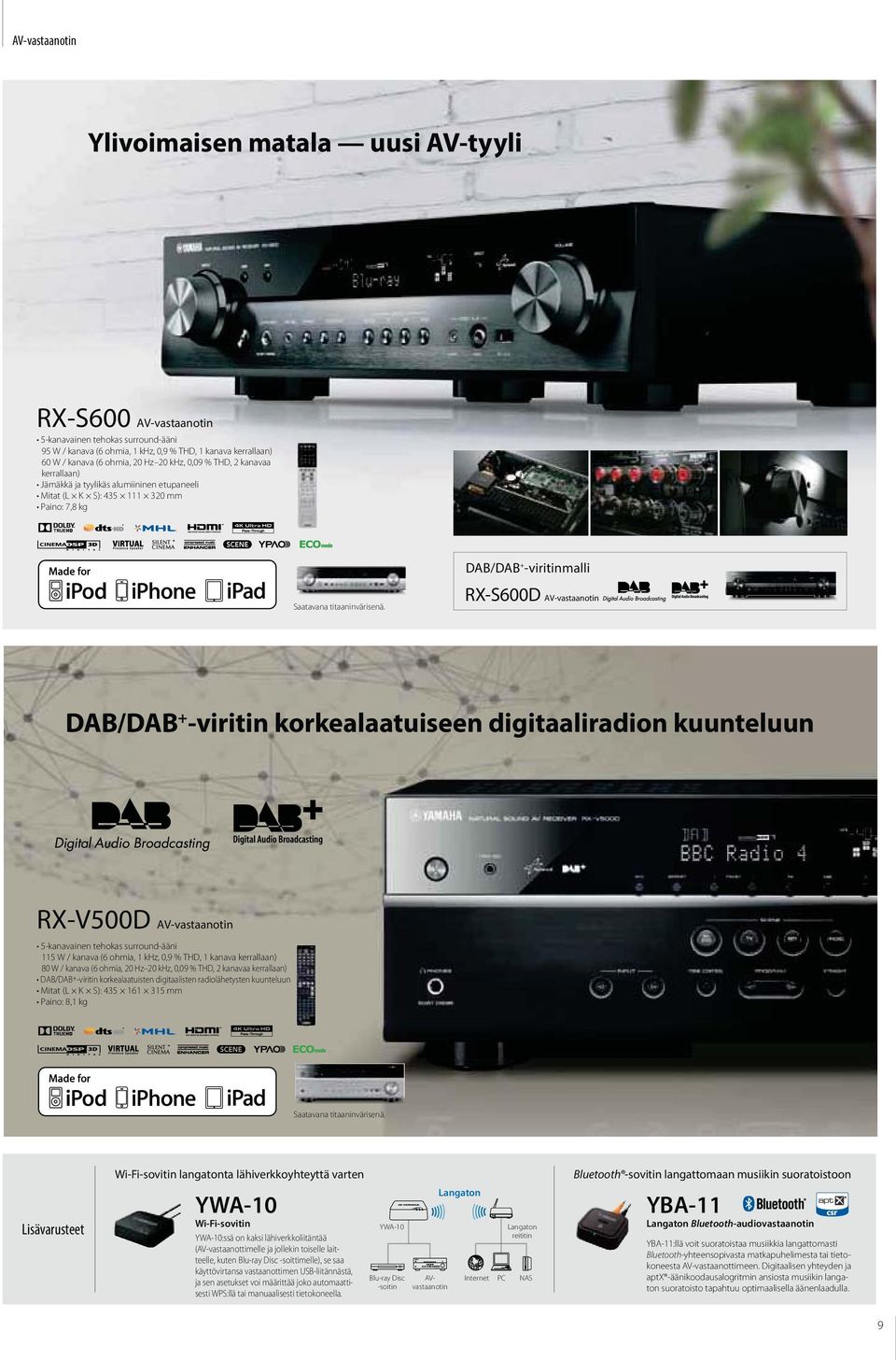 DAB/DAB + -viritin korkealaatuiseen digitaaliradion kuunteluun 5-kanavainen tehokas surround-ääni 115 W / kanava (6 ohmia, 1 khz, 0,9 % THD, 1 kanava kerrallaan) 80 W / kanava (6 ohmia, 20 Hz 20 khz,
