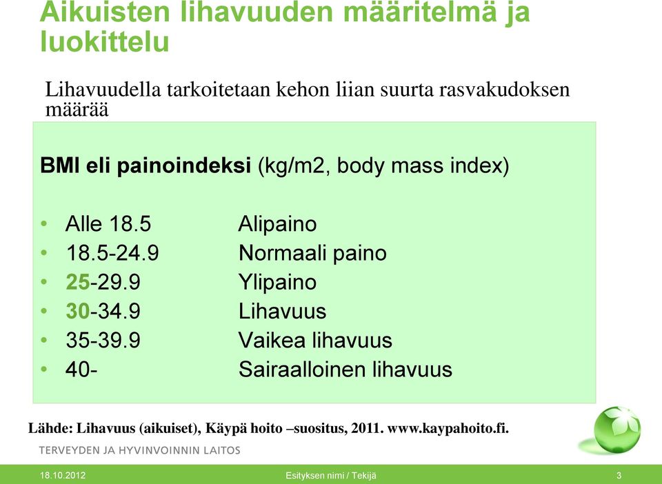 9 Normaali paino 25-29.9 Ylipaino 30-34.9 Lihavuus 35-39.