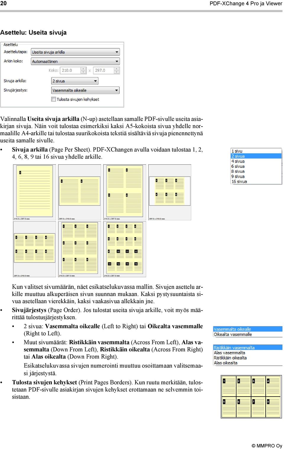 Sivuja arkilla (Page Per Sheet). PDF-XChangen avulla voidaan tulostaa 1, 2, 4, 6, 8, 9 tai 16 sivua yhdelle arkille. Kun valitset sivumäärän, näet esikatselukuvassa mallin.