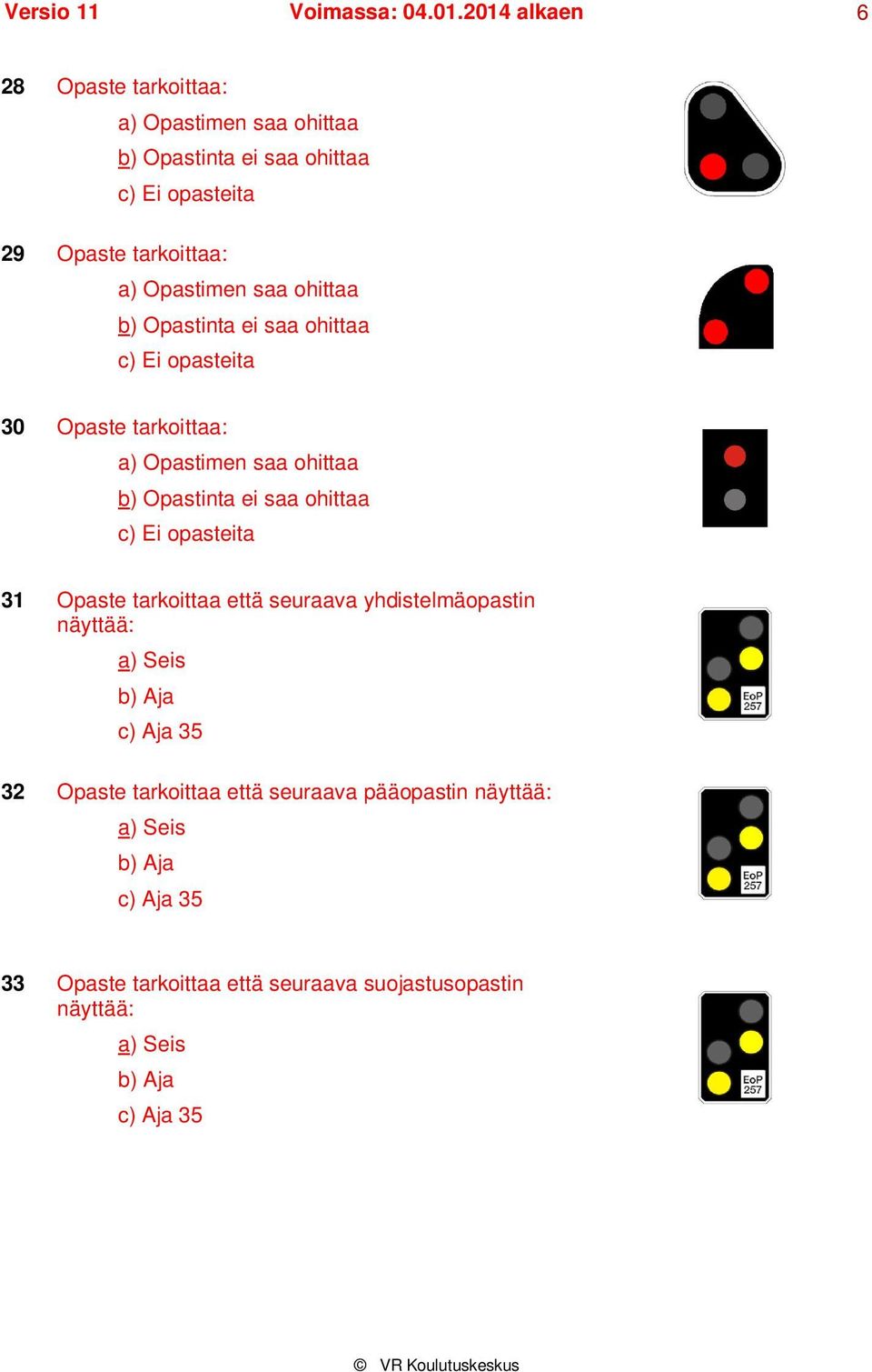 ei saa ohittaa c) Ei opasteita 31 Opaste tarkoittaa että seuraava yhdistelmäopastin näyttää: b) Aja c) Aja 35 32 Opaste