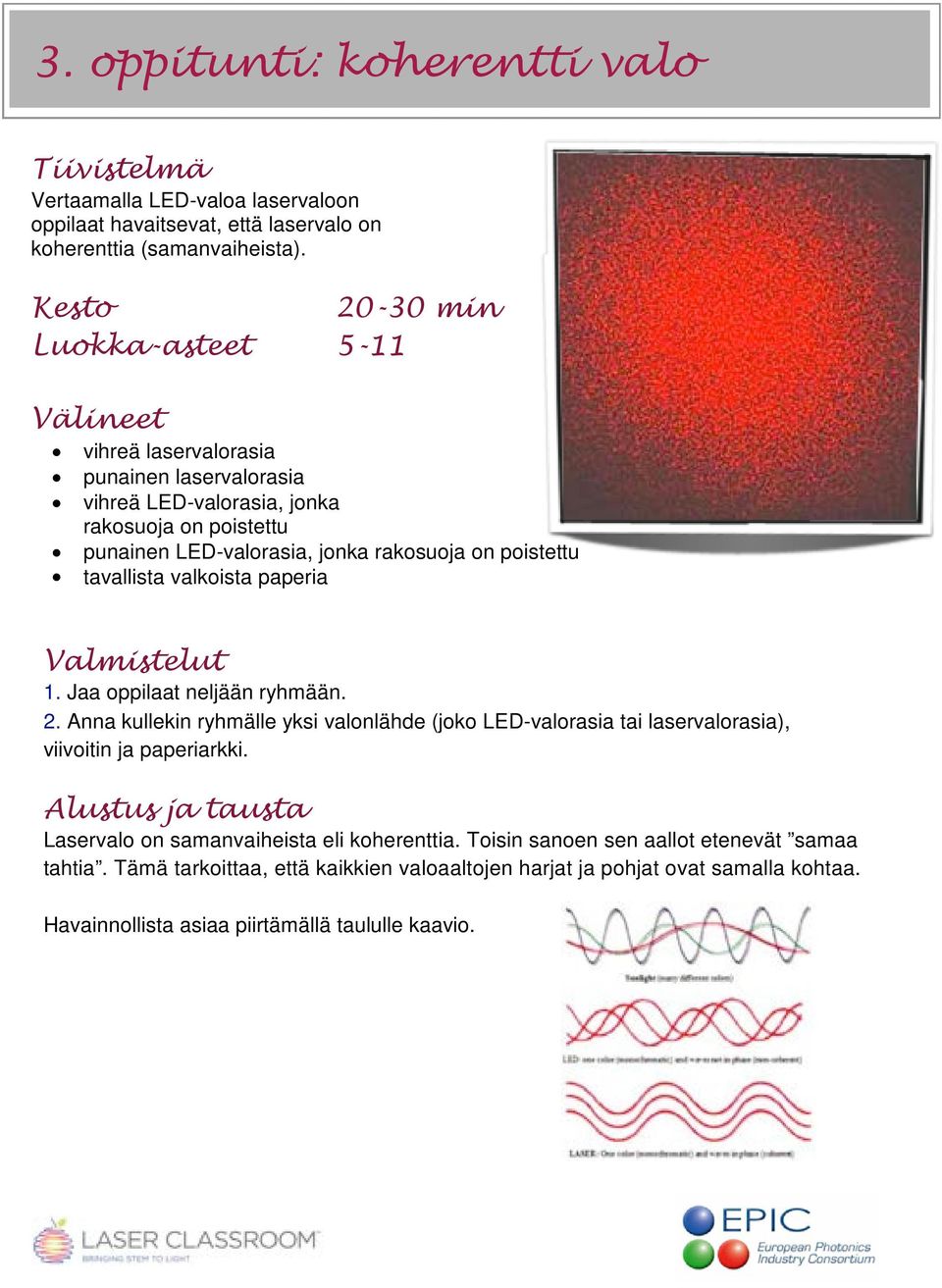 poistettu tavallista valkoista paperia Valmistelut 1. Jaa oppilaat neljään ryhmään. 2. Anna kullekin ryhmälle yksi valonlähde (joko LED-valorasia tai laservalorasia), viivoitin ja paperiarkki.