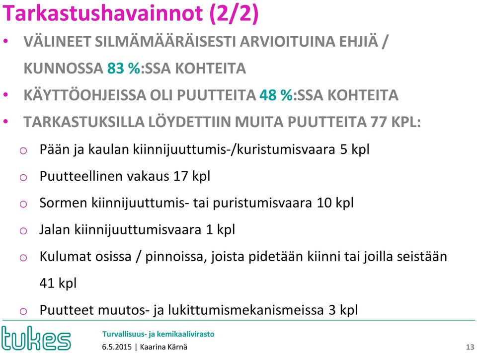 Puutteellinen vakaus 17 kpl o Sormen kiinnijuuttumis- tai puristumisvaara 10 kpl o Jalan kiinnijuuttumisvaara 1 kpl o Kulumat