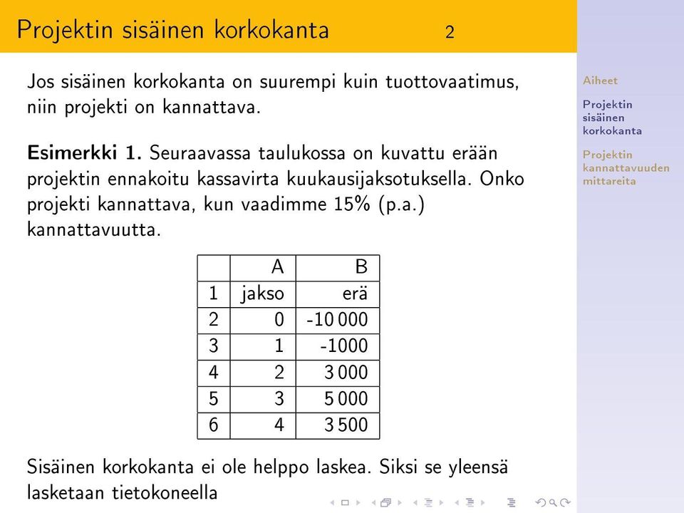 Onko projekti kannattava, kun vaadimme 15% (p.a.) kannattavuutta.