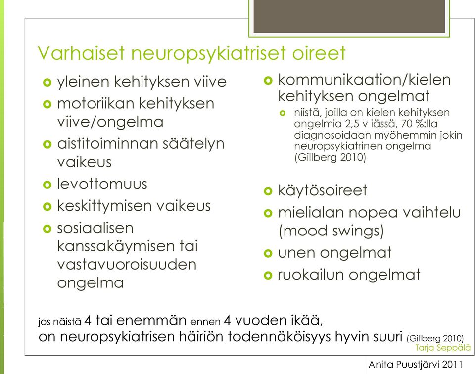 v iässä, 70 %:lla diagnosoidaan myöhemmin jokin neuropsykiatrinen ongelma (Gillberg 2010) käytösoireet mielialan nopea vaihtelu (mood swings) unen ongelmat