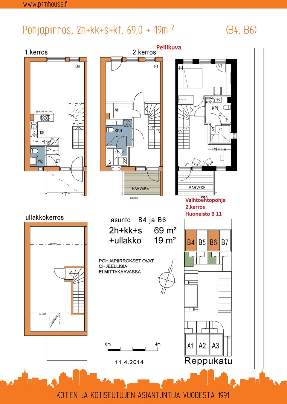 LASITUS asunto B4 ja B6 2h+kk+s 69 m² +ullakko 19 m² Vaihtoehtopohja 2.