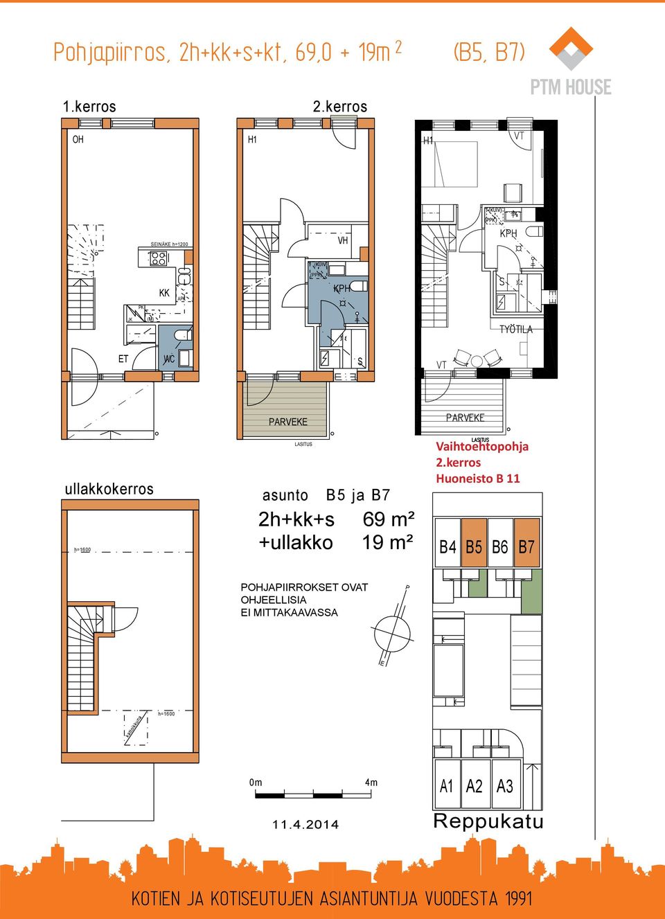 PARVEKE LASITUS asunto B5 ja B7 2h+kk+s 69 m² +ullakko 19 m² Vaihtoehtopohja 2.