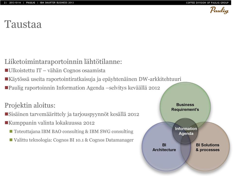 aloitus: Sisäinen tarvemäärittely ja tarjouspyynnöt kesällä 2012 Kumppanin valinta lokakuussa 2012 Toteuttajana IBM BAO consulting & IBM SWG