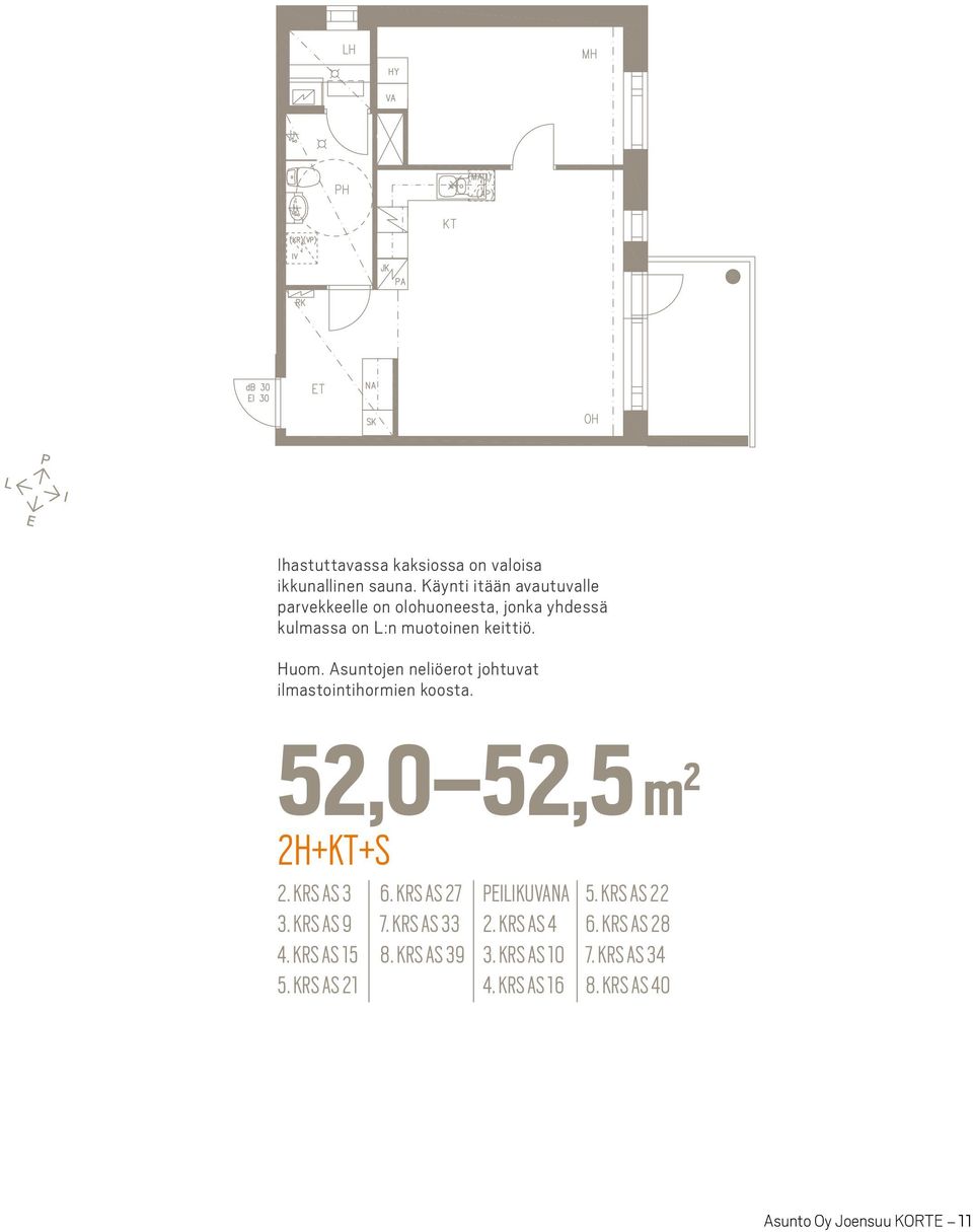 Asuntojen neliöerot johtuvat ilmastointihormien koosta. 52,0 52,5 m 2 2H+KT+S 2. KRS AS 3 3. KRS AS 9 4. KRS AS 15 5.