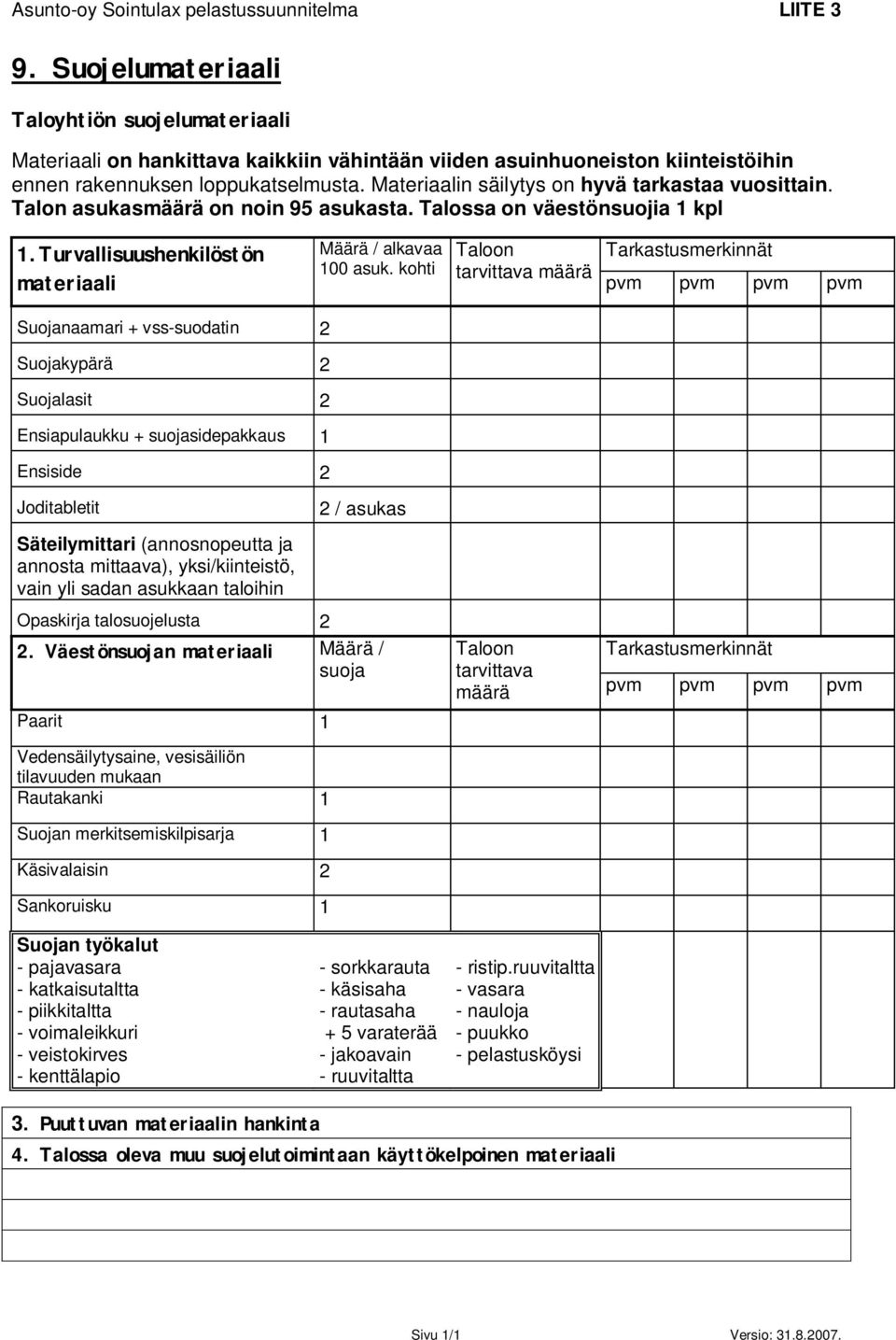 Materiaalin säilytys on hyvä tarkastaa vuosittain. Talon asukasmäärä on noin 95 asukasta. Talossa on väestönsuojia 1 kpl 1.Turvallisuushenkilöstön materiaali Määrä / alkavaa 100 asuk.