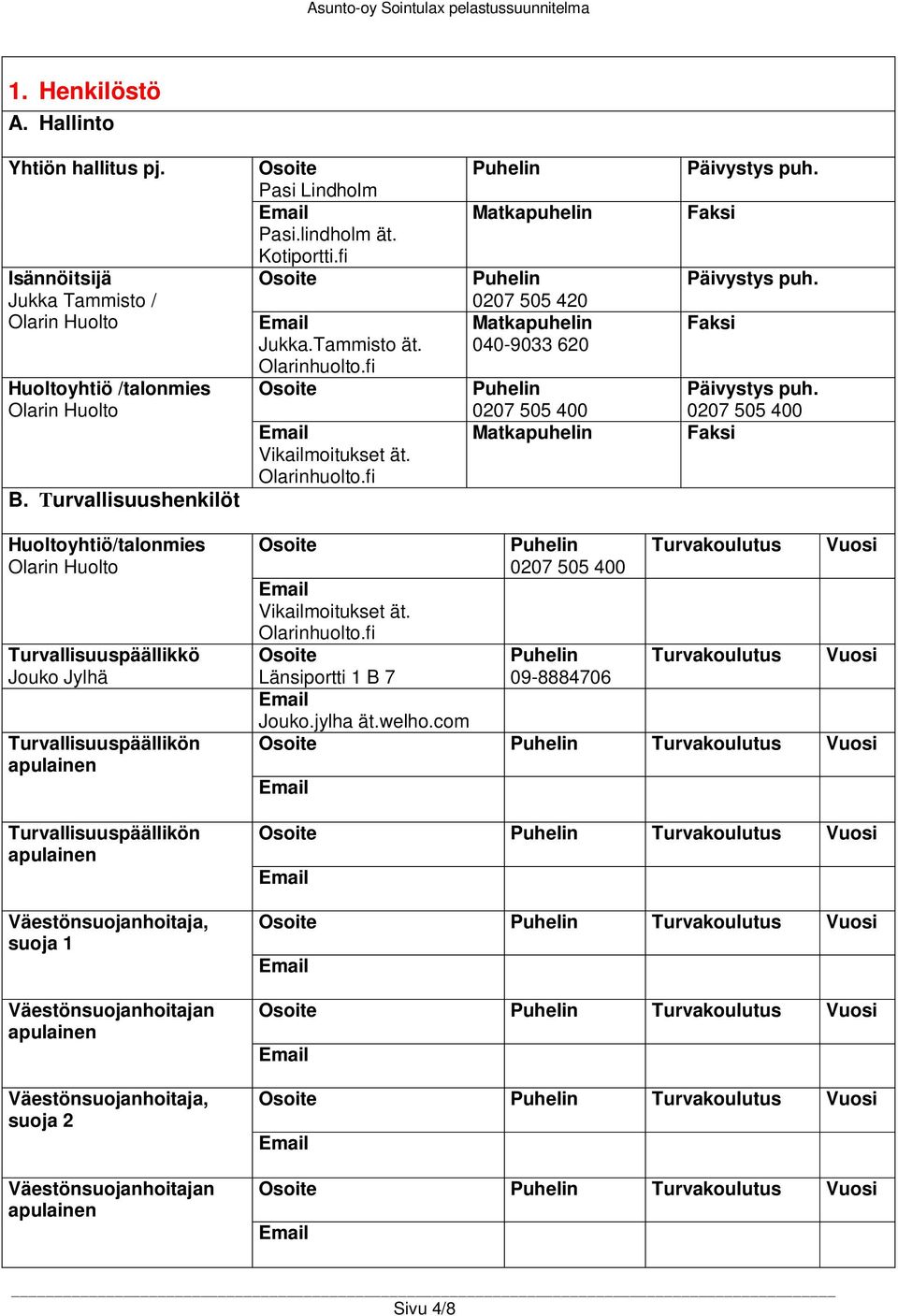 fi Osoite Vikailmoitukset ät. Olarinhuolto.fi Puhelin Matkapuhelin Puhelin 0207 505 420 Matkapuhelin 040-9033 620 Puhelin 0207 505 400 Matkapuhelin Päivystys puh. Faksi Päivystys puh.