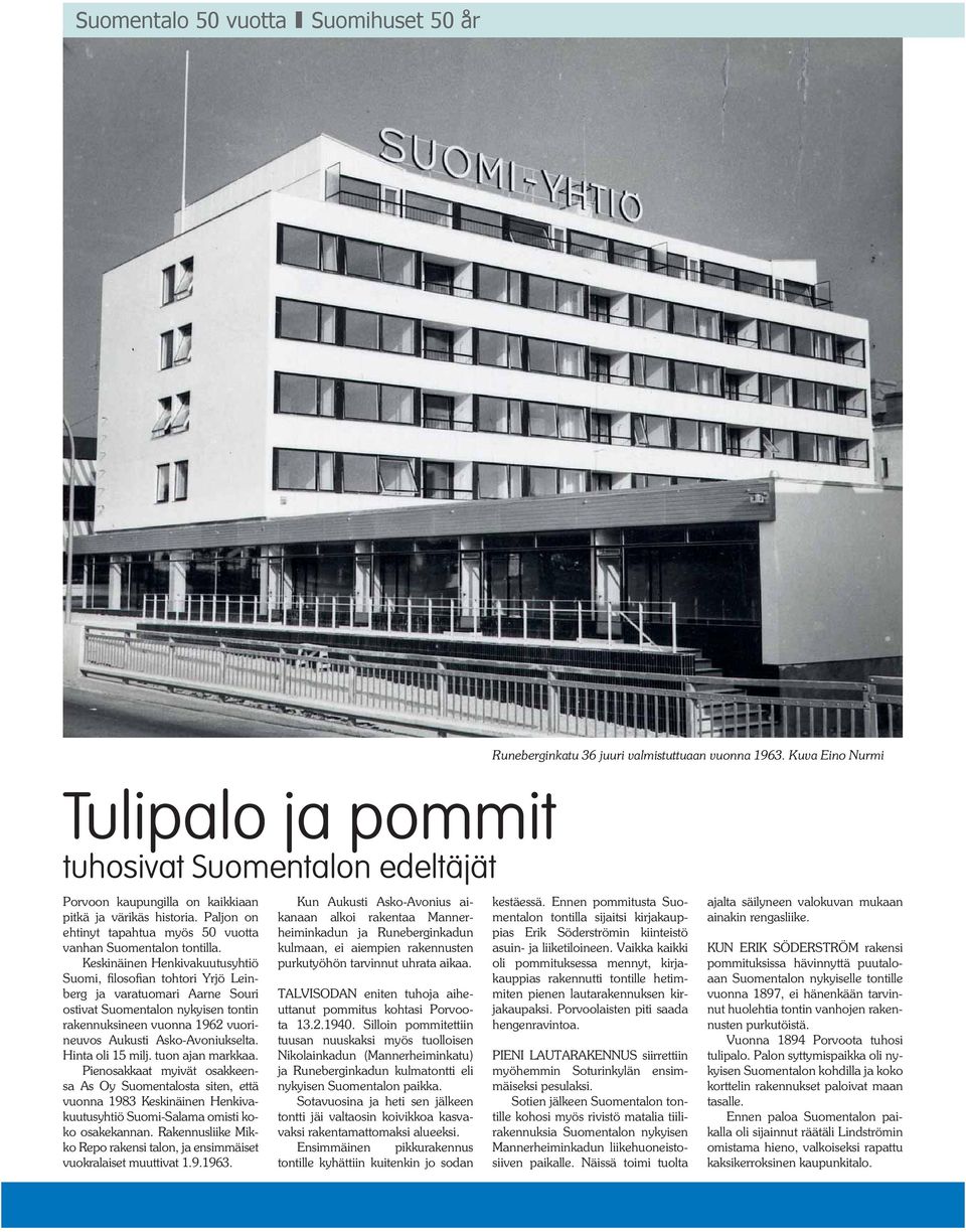 Keskinäinen Henkivakuutusyhtiö berg ja varatuomari Aarne Souri ostivat Suomentalon nykyisen tontin rakennuksineen vuonna 1962 vuorineuvos Aukusti Asko-Avoniukselta. Hinta oli 15 milj.