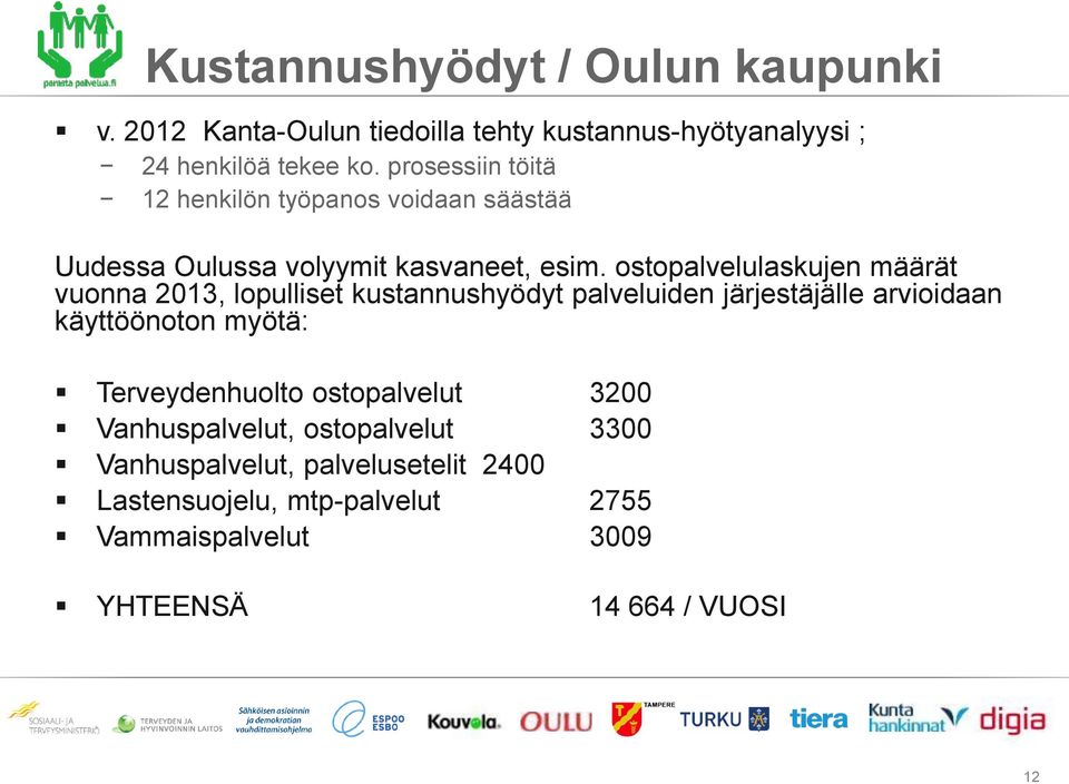 ostopalvelulaskujen määrät vuonna 2013, lopulliset kustannushyödyt palveluiden järjestäjälle arvioidaan käyttöönoton myötä: