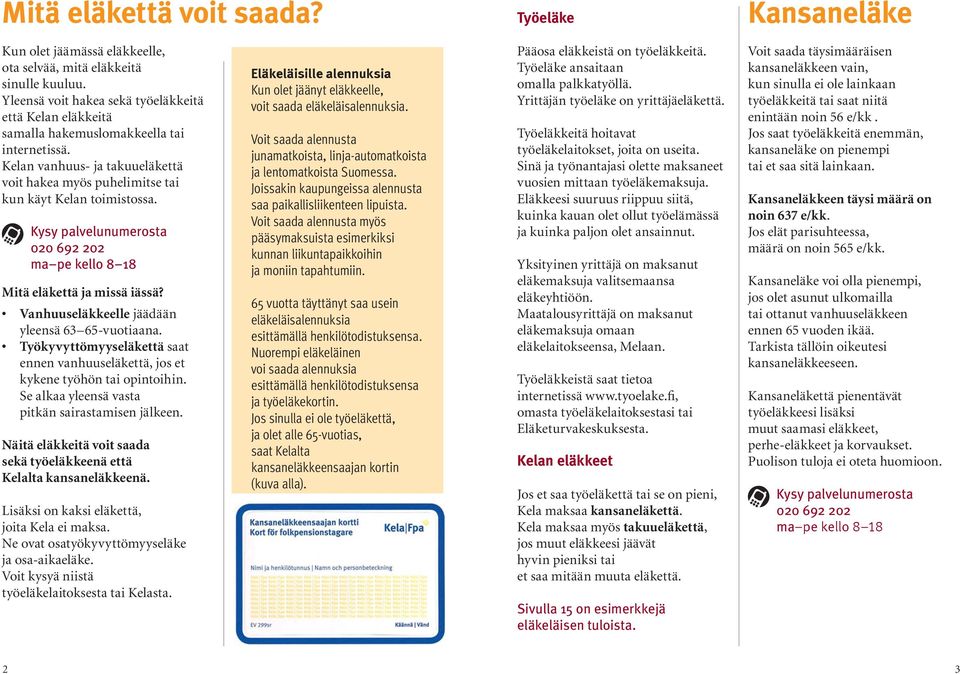 Kysy palvelunumerosta 020 692 202 Mitä eläkettä ja missä iässä? Vanhuuseläkkeelle jäädään yleensä 63 65-vuotiaana.