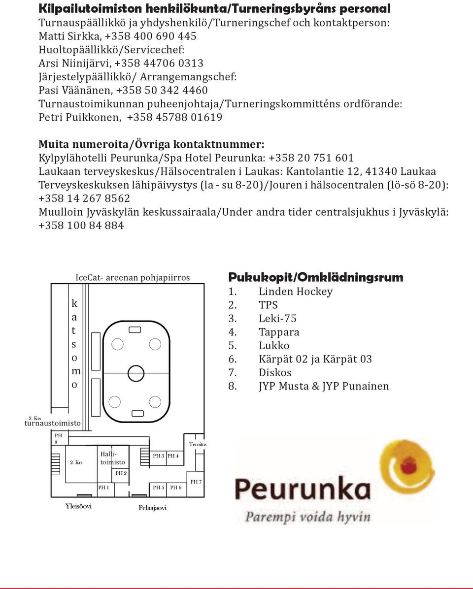 Muita numeroita/övriga kontaktnummer: Kylpylähotelli Peurunka/Spa Hotel Peurunka: +358 20 751 601 Laukaan terveyskeskus/hälsocentralen i Laukas: Kantolantie 12, 41340 Laukaa Terveyskeskuksen