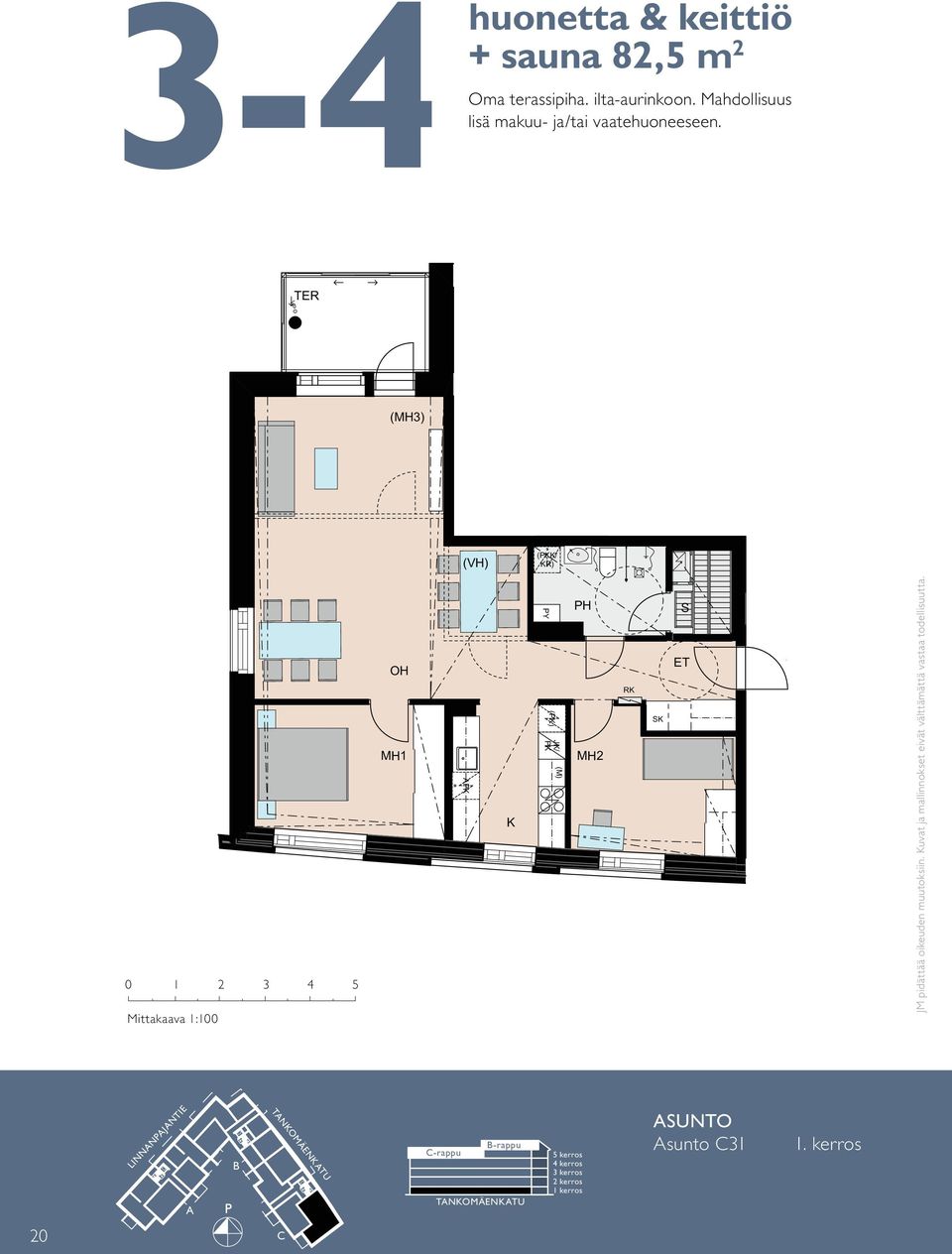 3-4H + K + S 82,5 m 2 TER (MH3) MH1 VH S PH (K/ (VH) (K/ MH1 A K PY () PH S MH2 JM pidättää