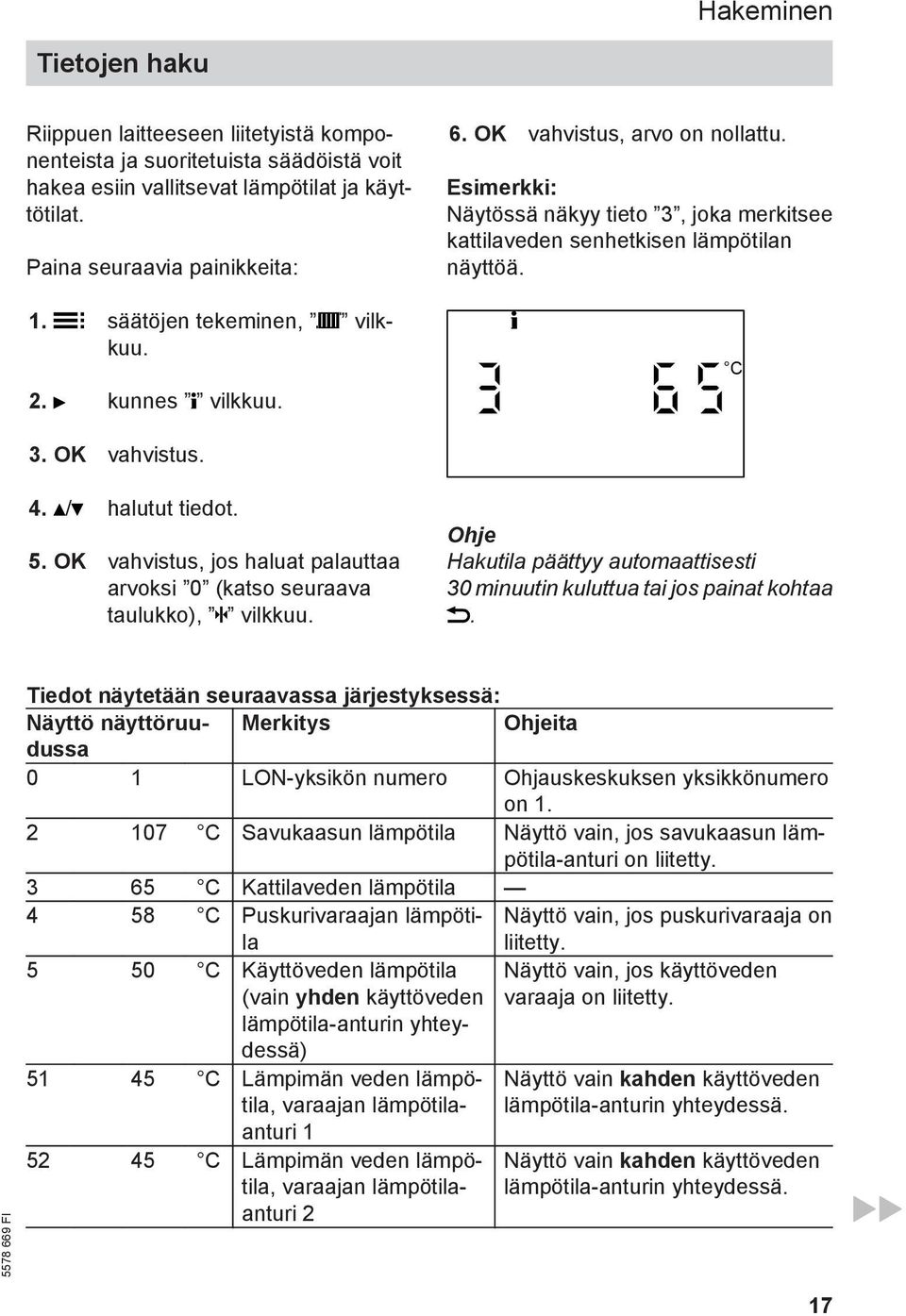 OK vahvistus, arvo on nollattu. Esimerkki: Näytössä näkyy tieto 3, joka merkitsee kattilaveden senhetkisen lämpötilan näyttöä.