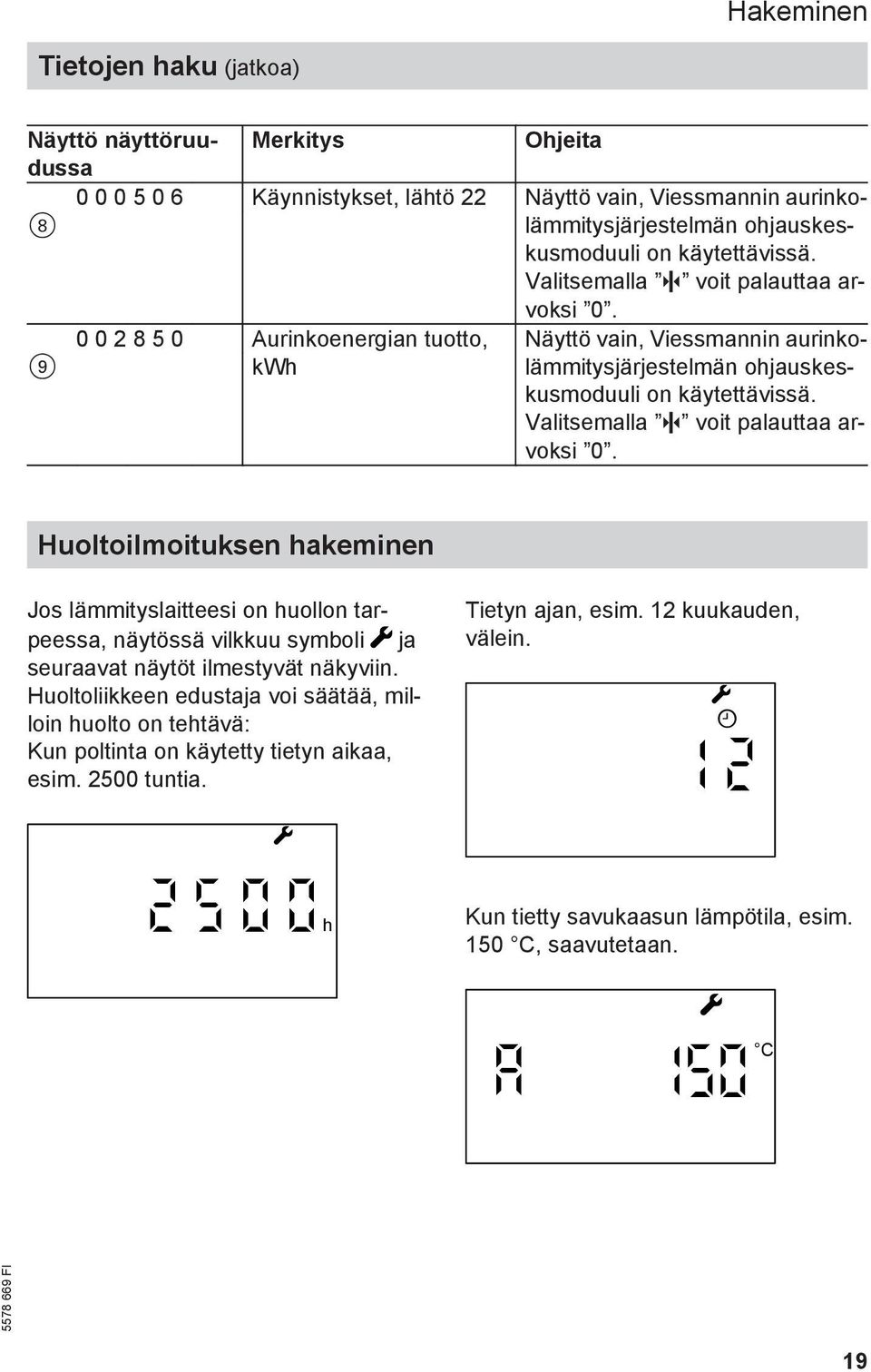 Valitsemalla D voit palauttaa arvoksi 0. Huoltoilmoituksen hakeminen Jos lämmityslaitteesi on huollon tarpeessa, näytössä vilkkuu symboli ja seuraavat näytöt ilmestyvät näkyviin.