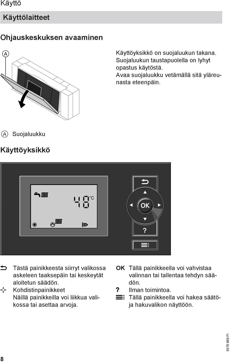 A Suojaluukku Käyttöyksikkö 48 C s A Tästä painikkeesta siirryt valikossa askeleen taaksepäin tai keskeytät aloitetun säädön.