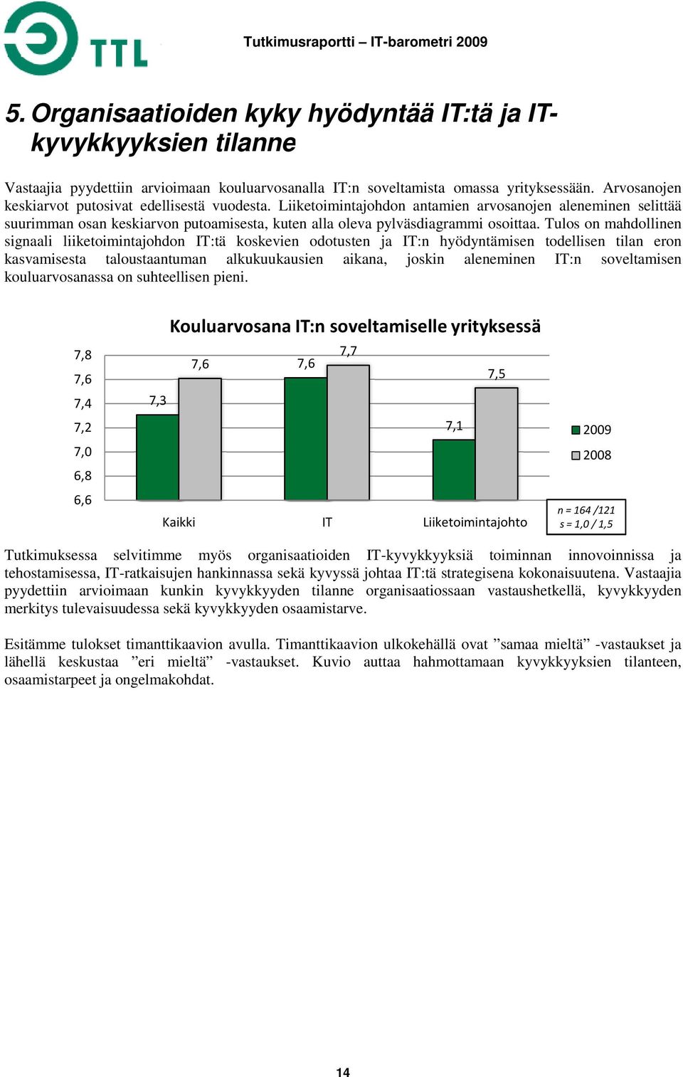 Tulos on mahdollinen signaali liiketoimintajohdon IT:tä koskevien odotusten ja IT:n hyödyntämisen todellisen tilan eron kasvamisesta taloustaantuman alkukuukausien aikana, joskin aleneminen IT:n