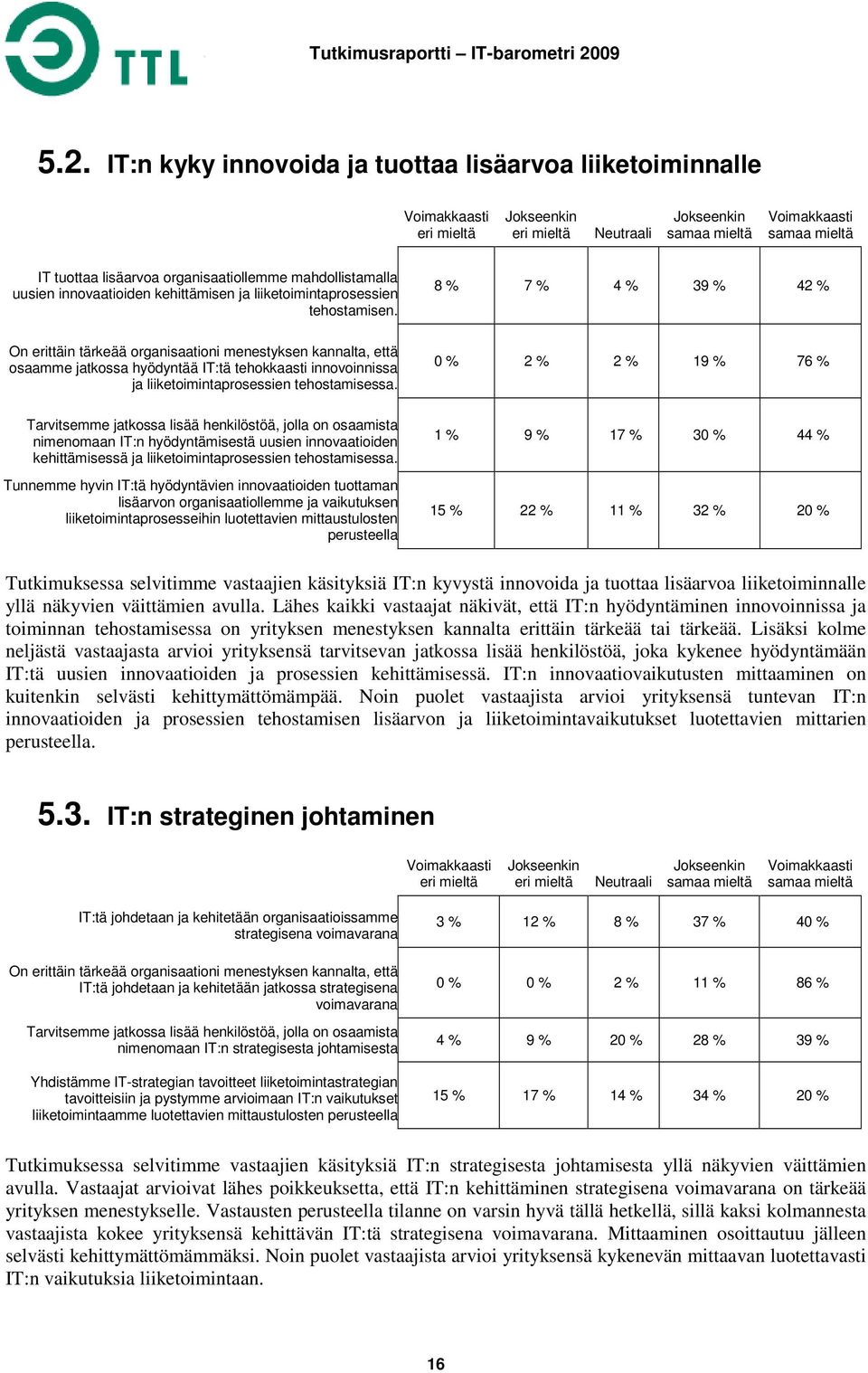 8 % 7 % 4 % 39 % 42 % On erittäin tärkeää organisaationi menestyksen kannalta, että osaamme jatkossa hyödyntää IT:tä tehokkaasti innovoinnissa ja liiketoimintaprosessien tehostamisessa.