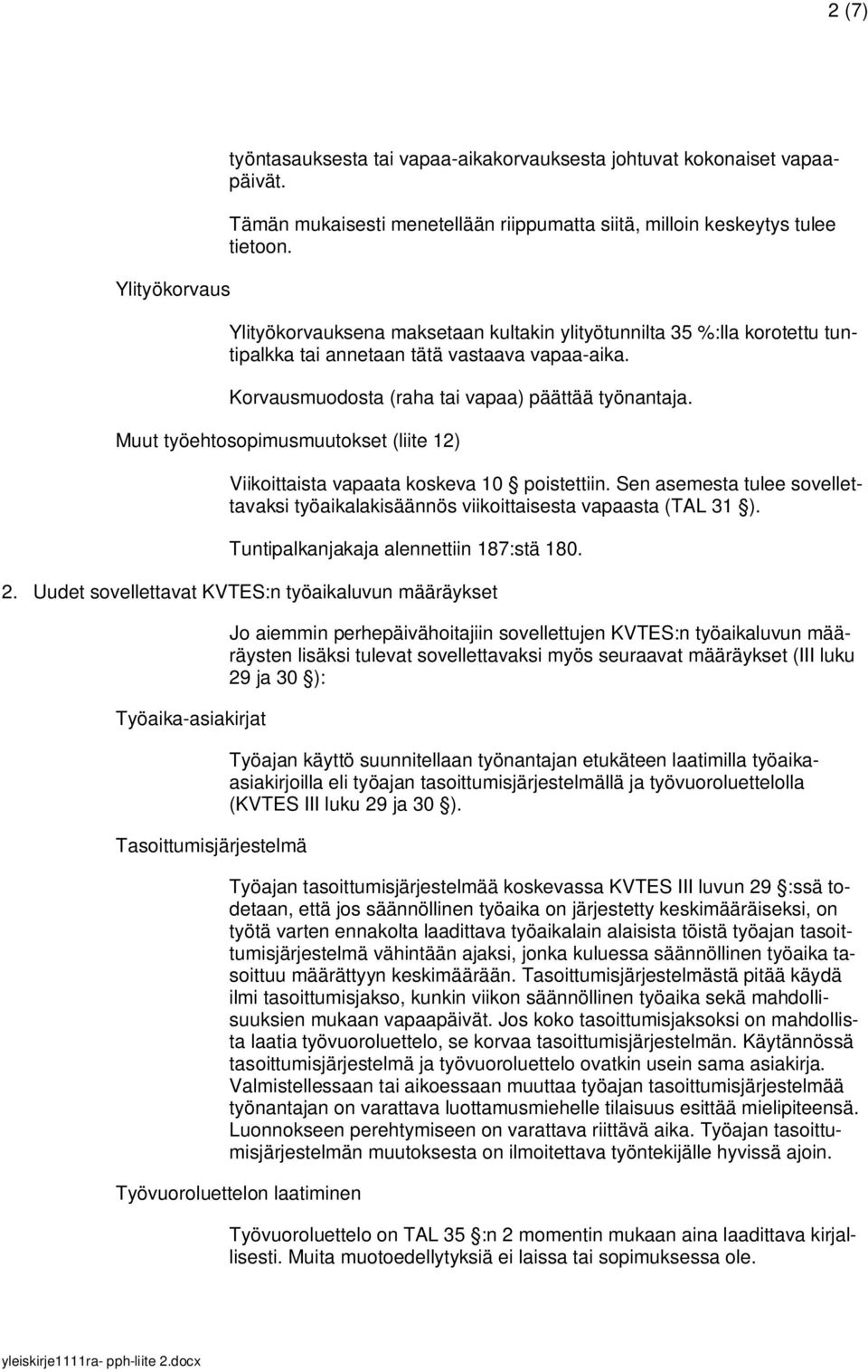 Muut työehtosopimusmuutokset (liite 12) Viikoittaista vapaata koskeva 10 poistettiin. Sen asemesta tulee sovellettavaksi työaikalakisäännös viikoittaisesta vapaasta (TAL 31 ).