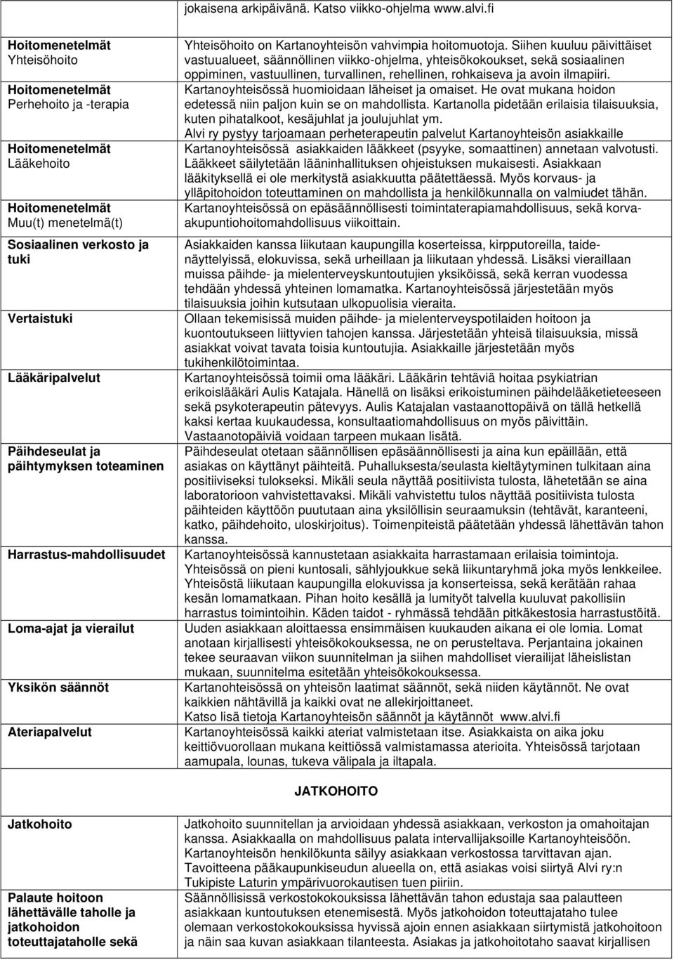 Loma-ajat ja vierailut Yksikön säännöt Ateriapalvelut Yhteisöhoito on Kartanoyhteisön vahvimpia hoitomuotoja.