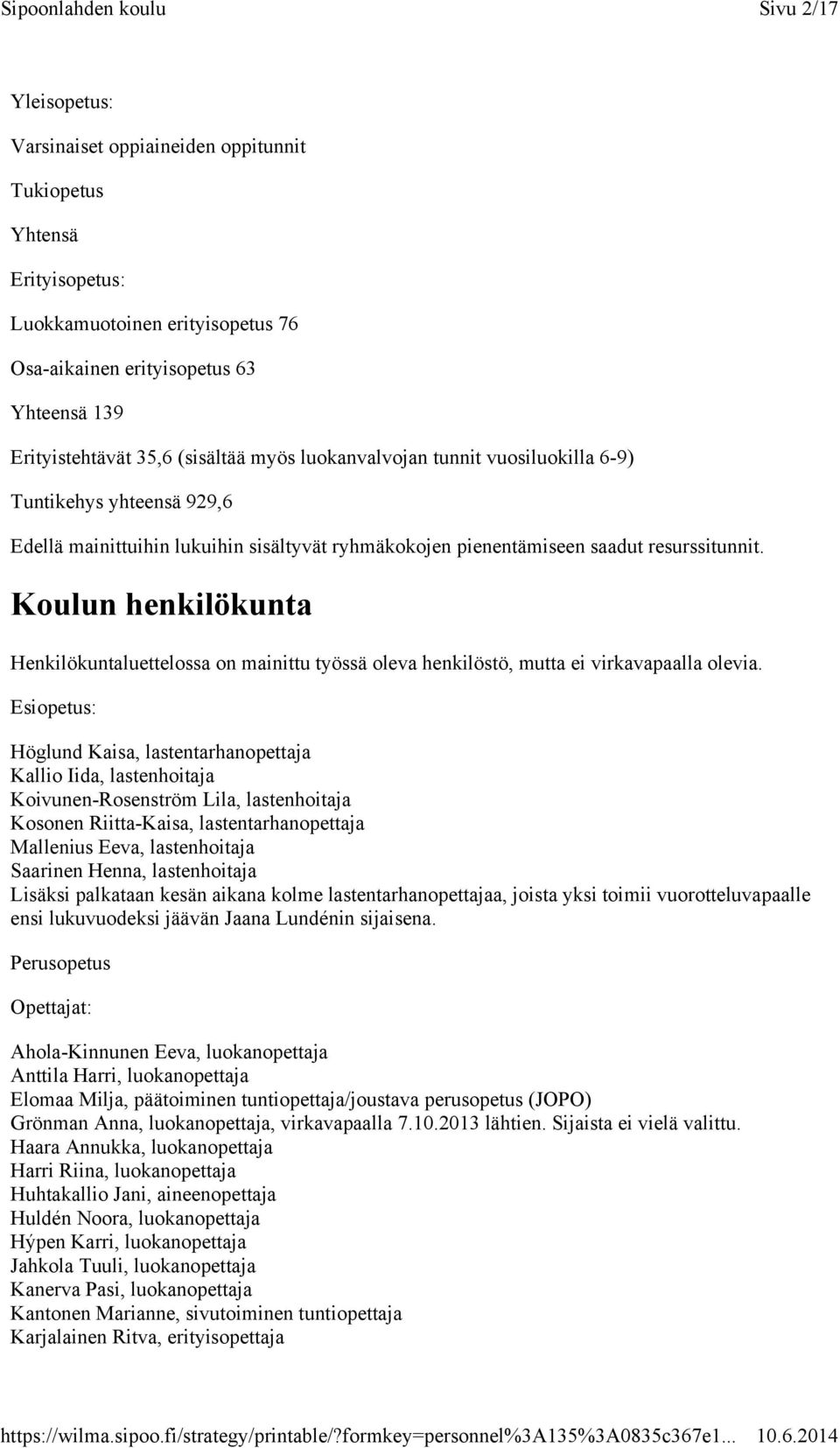 Koulun henkilökunta Henkilökuntaluettelossa on mainittu työssä oleva henkilöstö, mutta ei virkavapaalla olevia.